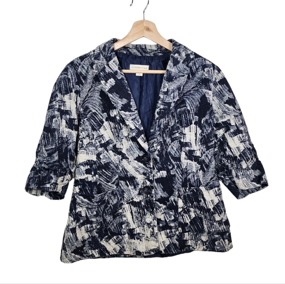 Coldwater Creek Womens Medium Blazer Petite 10 Abstract Indigo Linen Cotton Jack